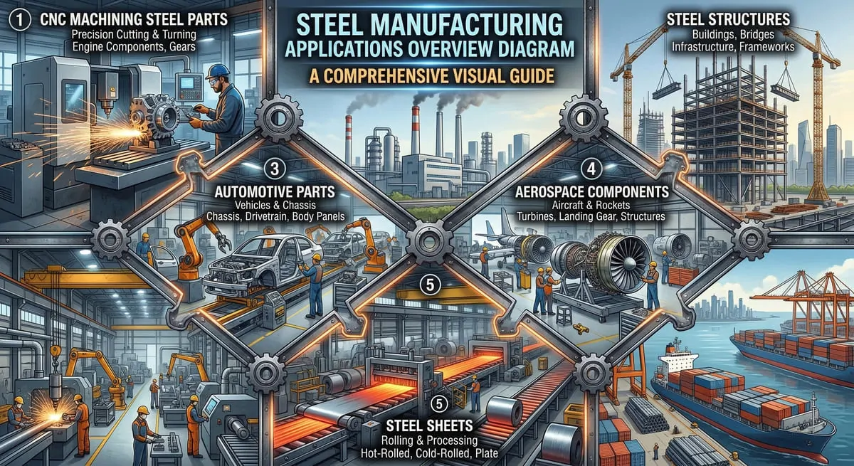 Steel Manufacturing Applications Overview Diagram steel engineering material applications in cnc machining automotive aerospace manufacturing
